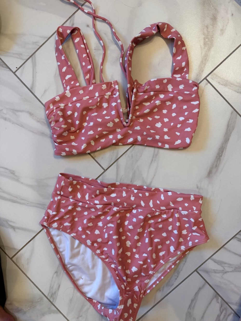 Pink and White High-Waist Bikini Set